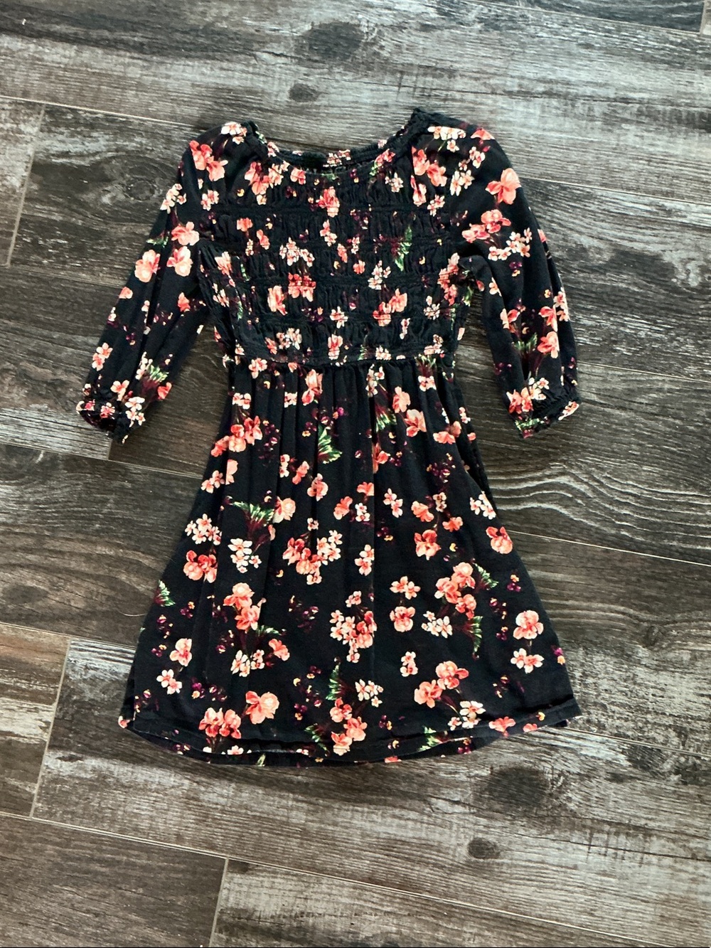 Old Navy Black Floral Smocked Dress with Pink Blossoms